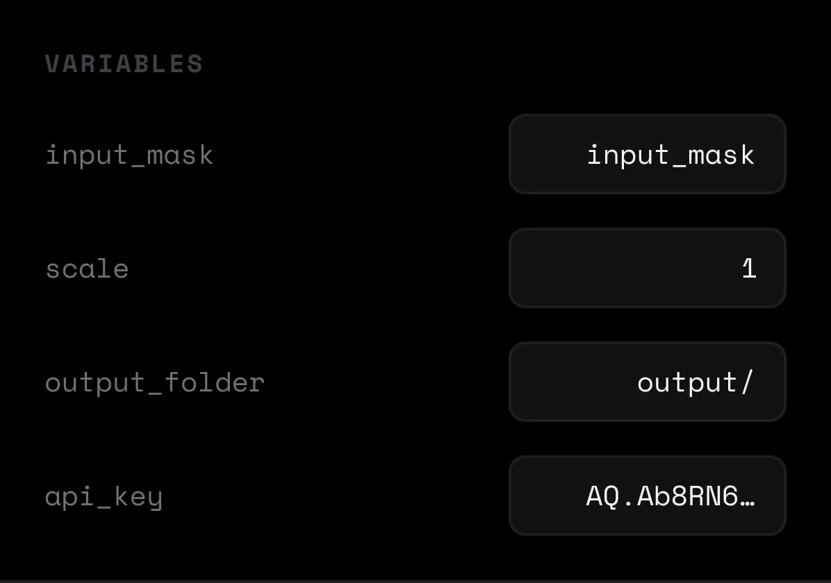 Variables panel showing configurable parameters